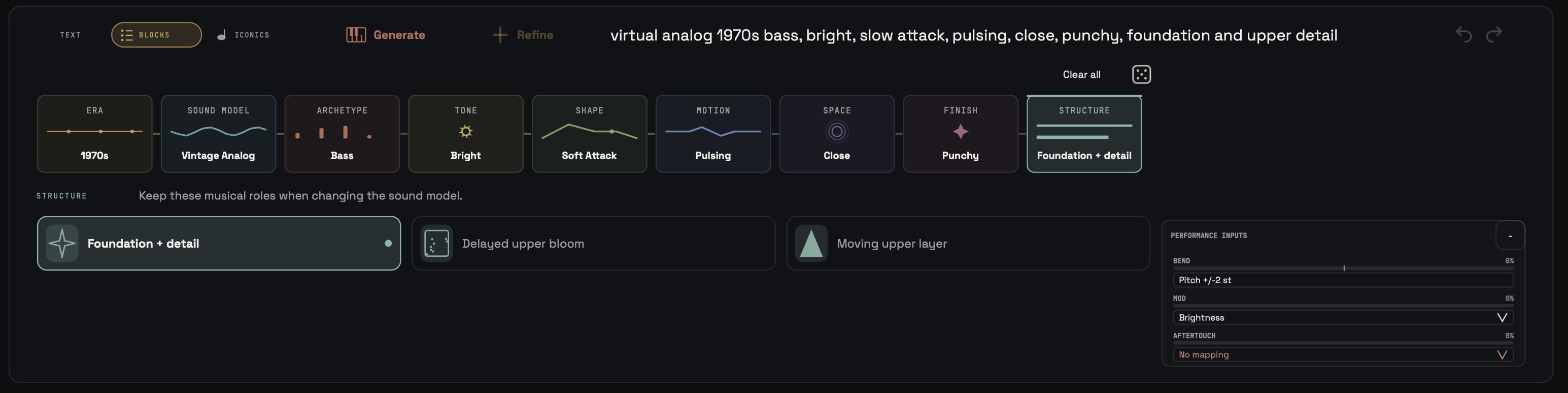 sonarch Blocks: a chain of nine choices (1970s, Vintage Analog, Bass, Bright, Soft Attack, Pulsing, Close, Punchy, Foundation + detail) writing the description “virtual analog 1970s bass, bright, slow attack, pulsing, close, punchy, foundation and upper detail”.