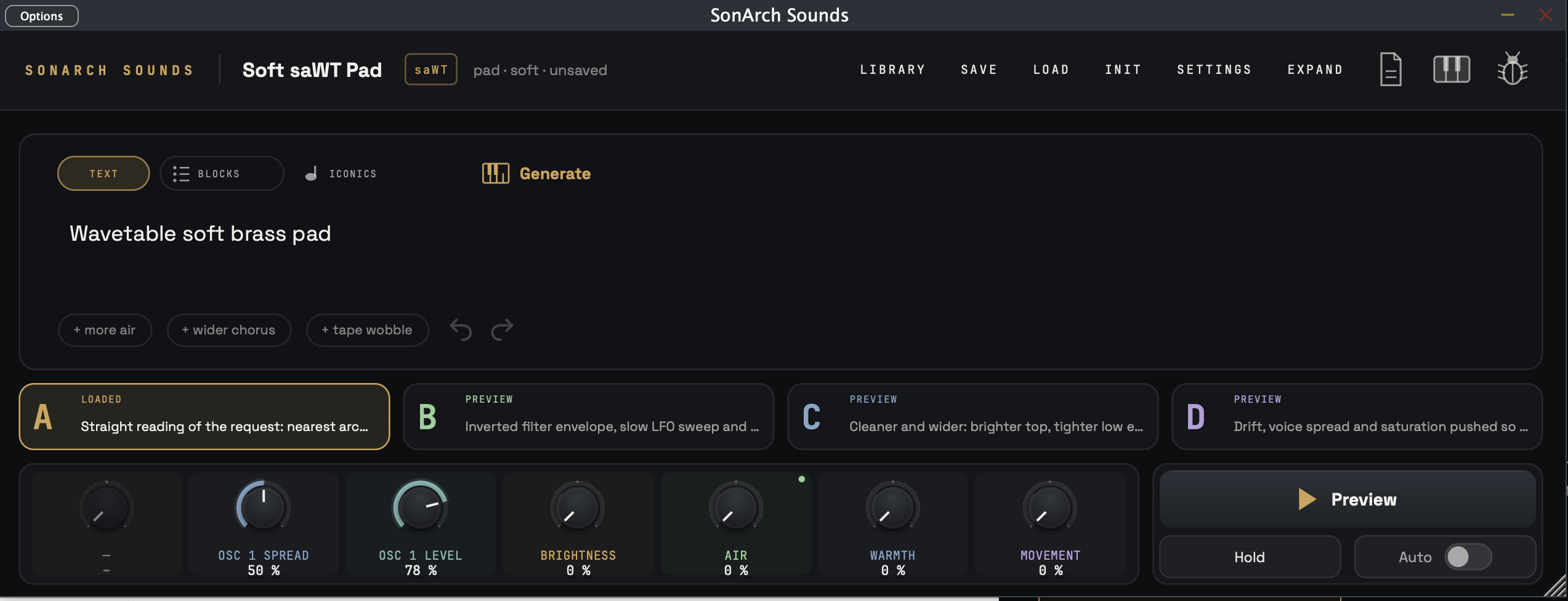 sonarch compact instrument: the prompt “Wavetable soft brass pad”, four variations A to D, and sound controls for brightness, air, warmth and movement.