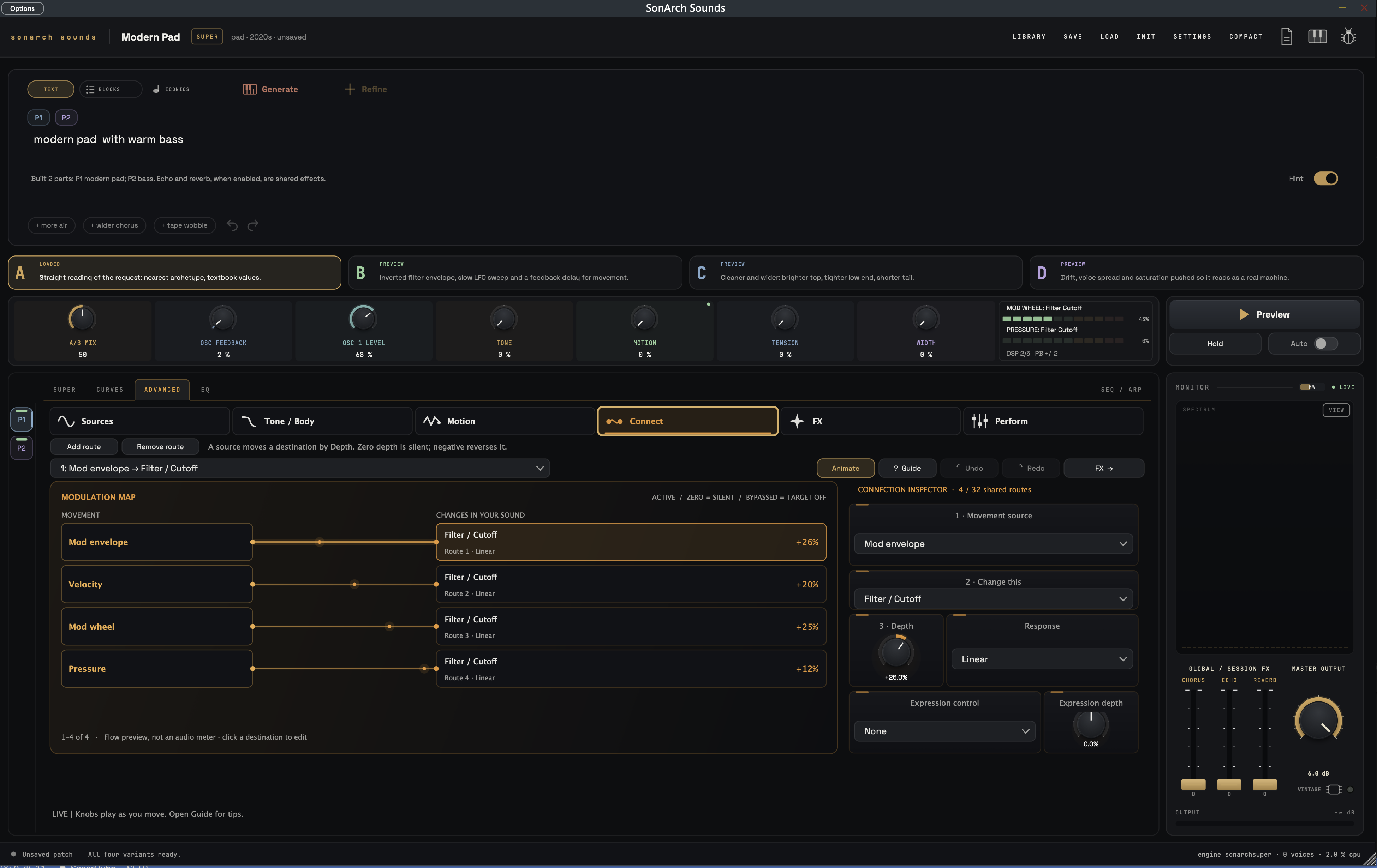 sonarch Advanced view, Connect tab: a modulation map routing mod envelope, velocity, mod wheel and pressure to filter cutoff, with a connection inspector, macro knobs, four variation cards and the monitor panel.