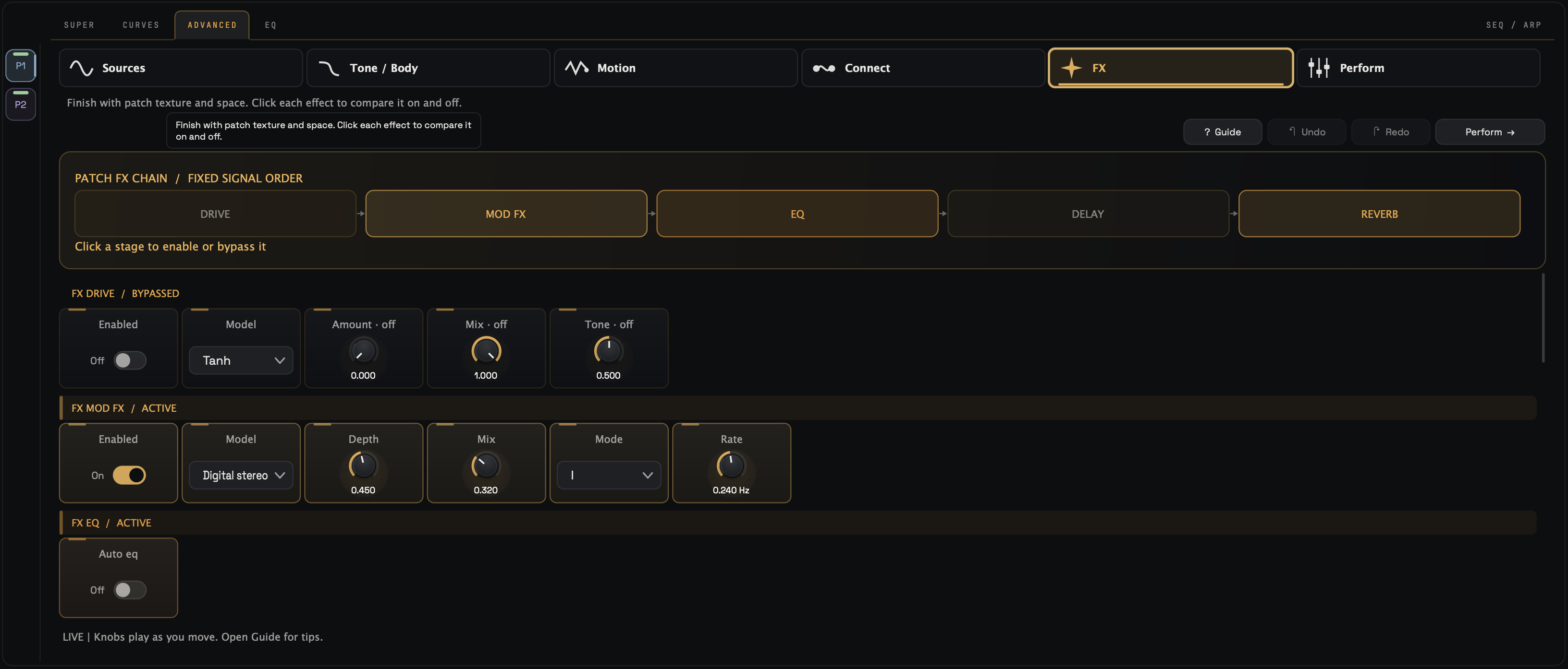 sonarch FX tab: a fixed-order patch effects chain of drive, mod FX, EQ, delay and reverb, each stage enabled or bypassed with a click, with per-effect model, depth, mix and rate controls.
