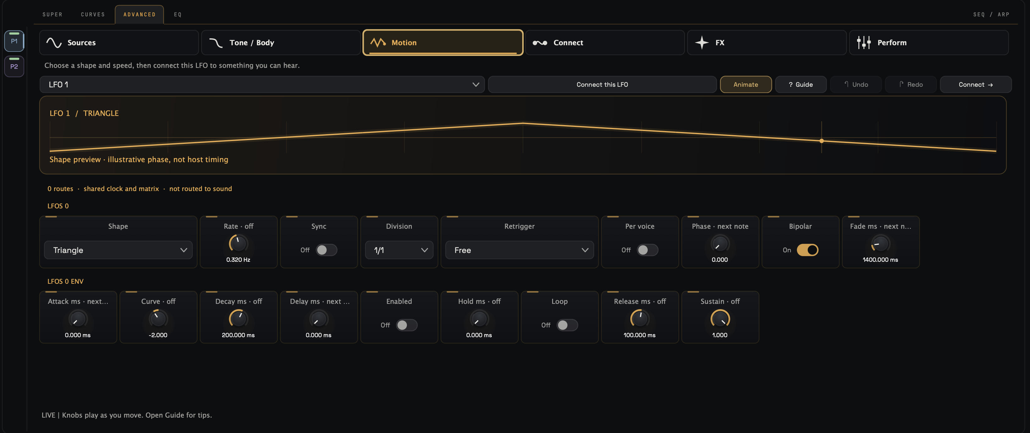 sonarch Motion tab: LFO 1 triangle shape preview with shape, rate, sync, division, retrigger, per-voice, phase, bipolar and fade controls, plus an LFO envelope row.