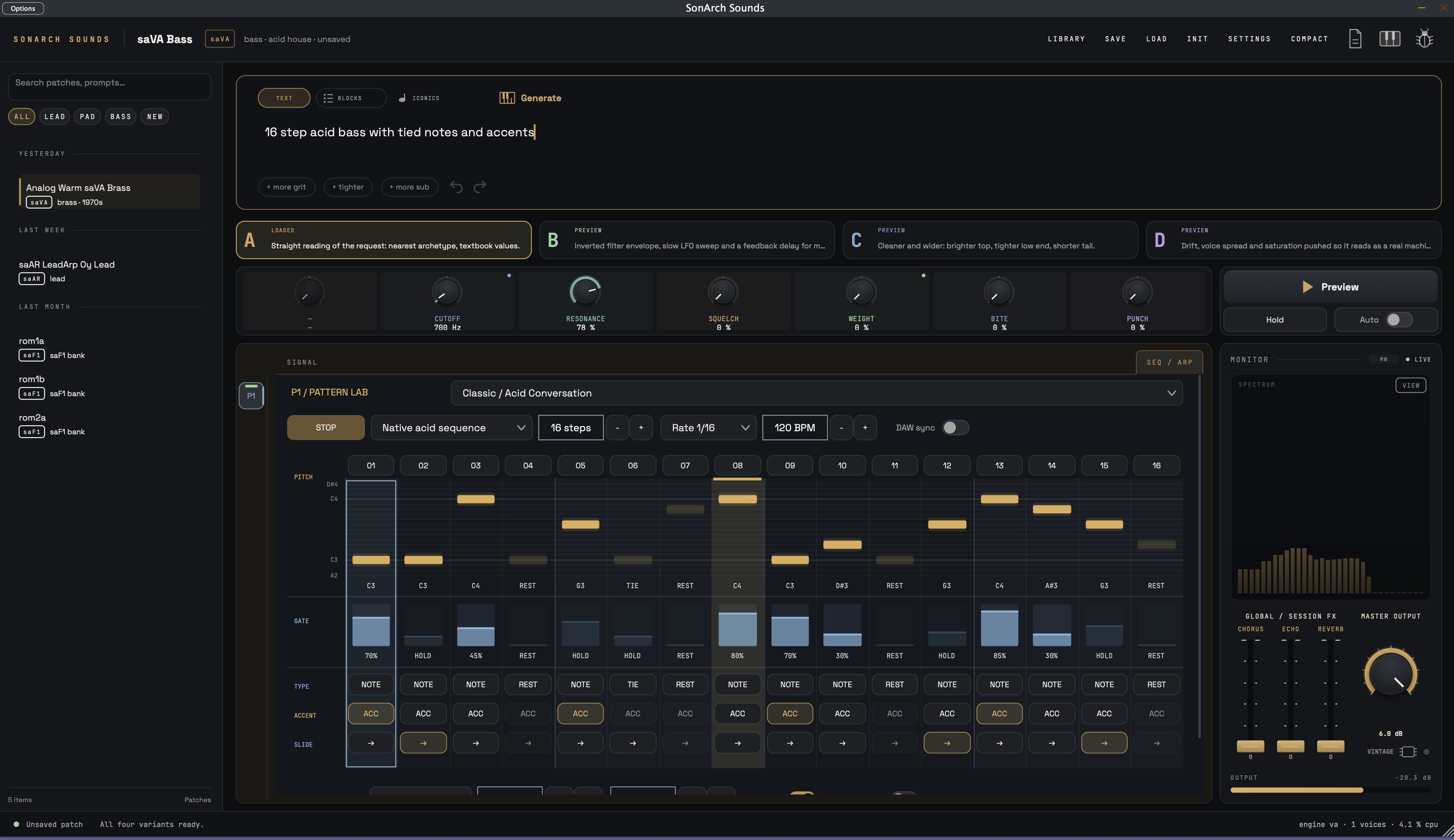 sonarch Pattern Lab showing a 16-step acid bass sequence with note, gate and velocity lanes.